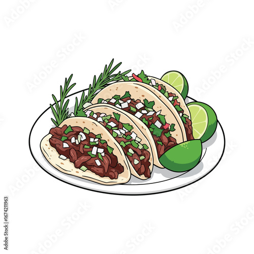 Four Beef Tacos with Lime and Rosemary on White Plate Mexican food illustration