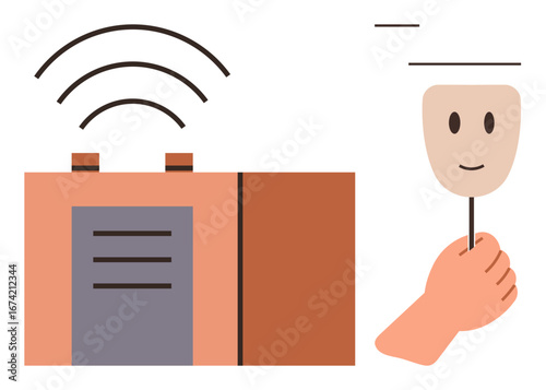 Analog radio transmitter emitting waves alongside a hand holding a smiling mask, symbolizing communication, identity, broadcasting, emotions, honesty, anonymity, and information. Ideal for media