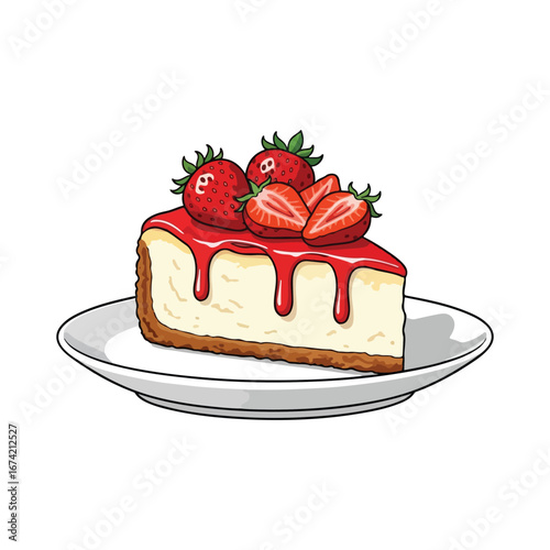 Slice of cheesecake with strawberry topping and fresh strawberries on a white plate dessert sweet