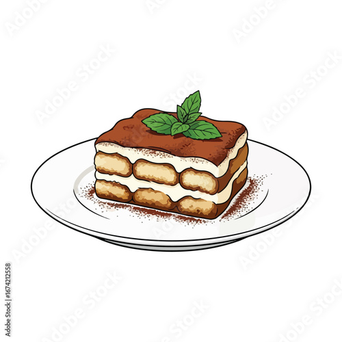 Slice of Tiramisu Dessert with Mint Garnish on White Plate cake sweet