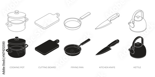 Kitchen Essentials Icon Set Isometric Outline Vector Icons of Pot, Pan, Knife, Cutting Board, and Kettle