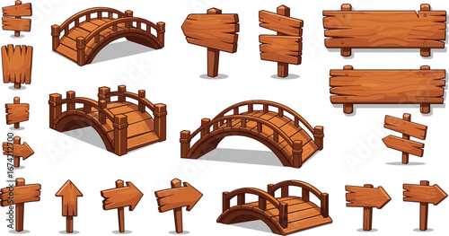 Cartoon wooden bridge, wooden signboard, vector game asset, rustic wood plank, fantasy UI element, navigation arrow, cartoon style