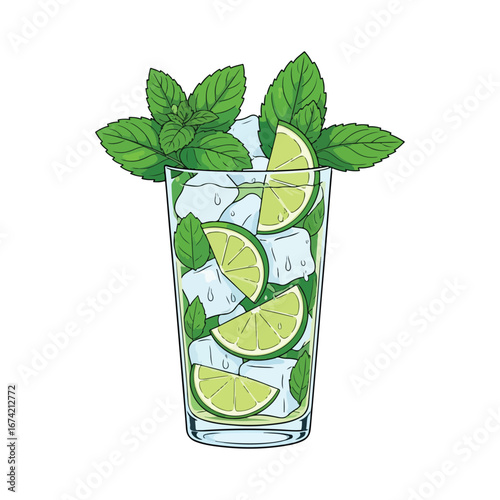 Tall glass filled with ice cubes lime slices and mint leaves mojito cocktail