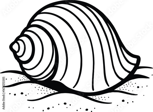 Black and white seashell vector illustration. A simple graphic of a spiral seashell on the sand, ideal for beach-themed designs, logos, and coastal art.
