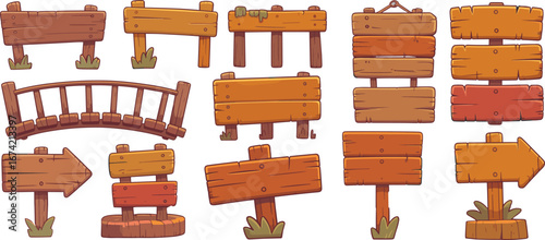 Cartoon wooden signboard set, blank direction arrows, rustic wood signs, vector illustration for game UI, design, decoration, signage, icon