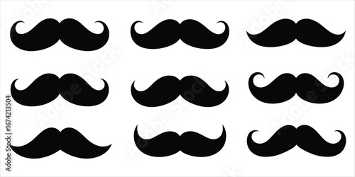 Nine Black Stylized Mustache Silhouettes on White Background moustache facial hair