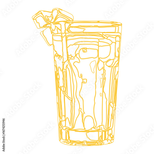PrintTropical summer drink with ice cubes  citrus fruits line drawing.color background
