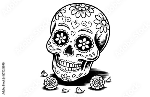 Sugar skull illustration with detailed floral ornaments and a Día de los Muertos theme, perfect for party invitations or festive branding