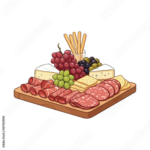 Charcuterie board with cheese salami grapes olives and breadsticks vector