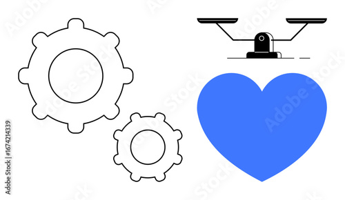 Two gears and a blue heart in contrast with a balance scale. Ideal for teamwork, workflow optimization, balance, compassion in work, productivity, ethics, and simple flat metaphor