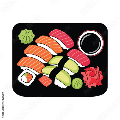 Assortment of sushi rolls nigiri and pickled ginger on black plate salmon tuna