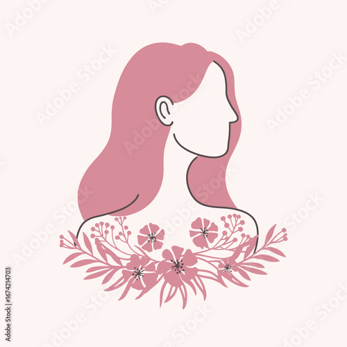 Illustration of a womans profile with pink hair and floral decoration around her shoulders