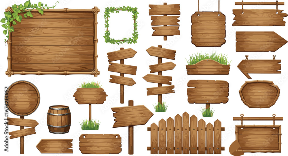 Naklejka premium Cartoon wooden signs, blank wood boards, rustic arrows, vintage planks, vector elements, isolated icons, nature frames, fence, barrel, grass