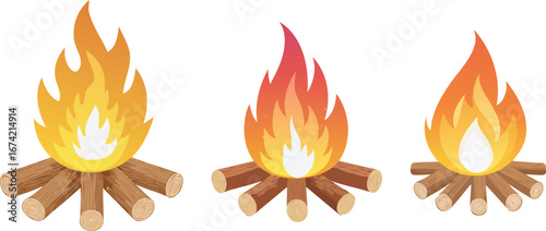 Set of Three Campfires Vector Illustration.