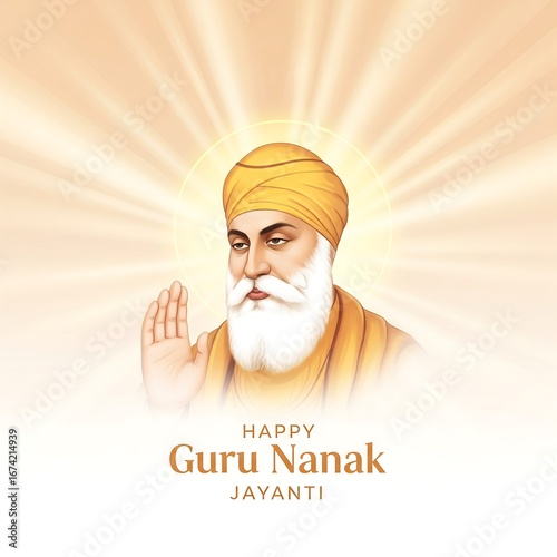 Portrait of guru nanak dev ji with radiant light and greeting