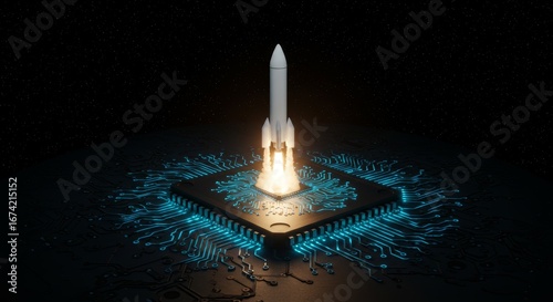 Futuristic AI Chip Rocket Launch Illustration: Representing Technological Advancements