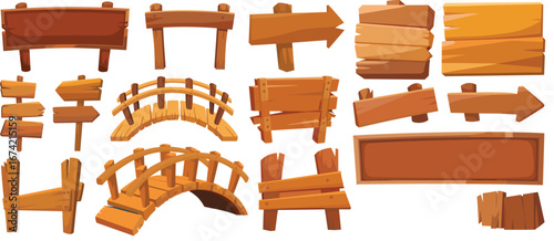 Cartoon wooden signs, vector game UI elements, rustic wood planks, bridge illustration, fantasy signage, arrow boards, blank labels