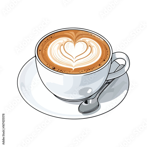 White ceramic cup of latte coffee with heart shaped foam art and spoon on saucer cappuccino