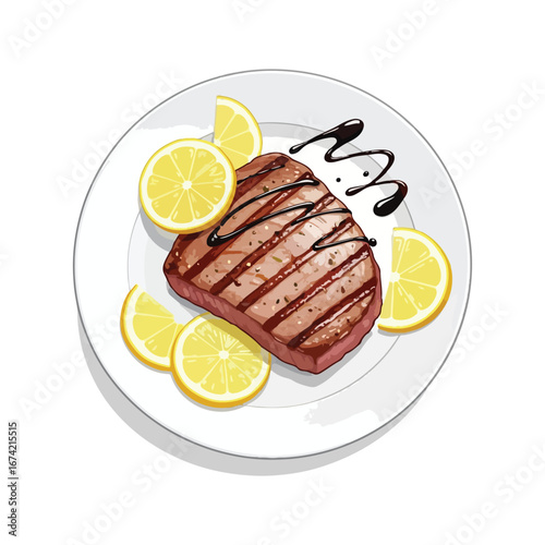 Grilled steak with lemon slices and balsamic glaze on a white plate vector