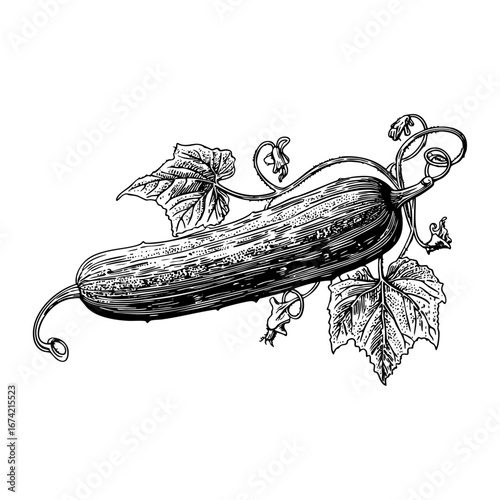 Engraving Style Cucumber Illustration with Leaves and Tendrils