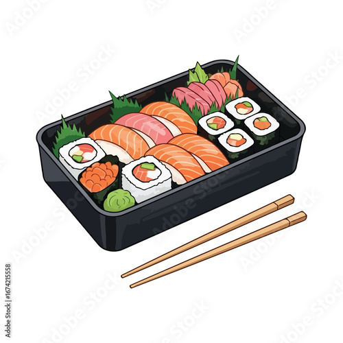 Bento box filled with salmon nigiri tuna sashimi and sushi rolls with chopsticks vector