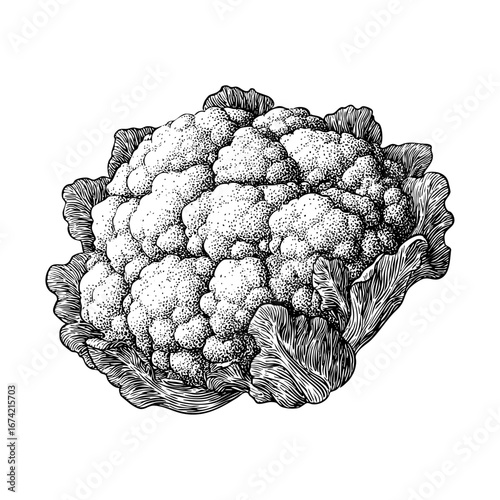 Cauliflower Engraving Illustration of Fresh Vegetable Head Detail