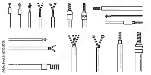 Set of line art illustrations depicting various types of electrical wires and cables power energy