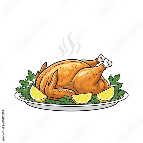 Roasted chicken with lemon and parsley on a platter with steam whole chicken poultry