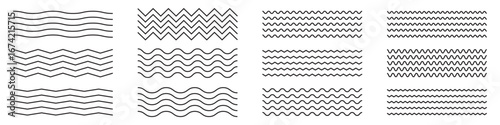Wave line and wavy zigzag lines. Vector blue underlines, smooth end squiggly horizontal, squiggles. Wavy, waving, line. Vector zigzag and wavy horizontal underline. Vector line border, wave ripple.