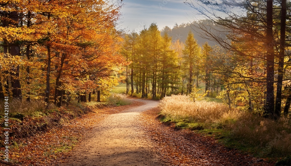 Fototapeta premium a calm and peaceful dirt pathway meanders gently through a picturesque and tranquil autumn forest landscape