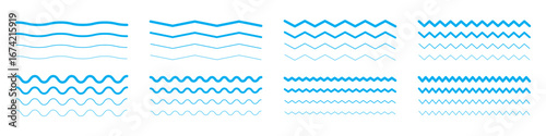 Vector wavy and zigzag horizontal underline. Waves line set. Set of wavy lines. Wave ornament pattern. Wave thin line background.