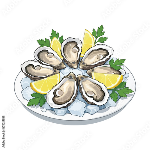 Plate of fresh oysters with lemon wedges and parsley garnish on ice seafood shellfish