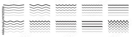 Waves line set. Wave ornament pattern. Set of wavy zigzag lines. Wave thin line background. Vector zigzag and wavy horizontal underline. Vector
