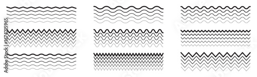 Waves line set. Wave ornament pattern. Set of wavy zigzag lines. Wave thin line background. Vector zigzag and wavy horizontal underline. Vector