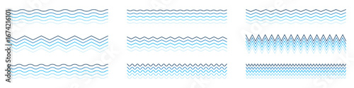 Set of wavy zigzag lines. Wave thin line background. Vector zigzag and wavy blue horizontal underline. Vector illustration 
