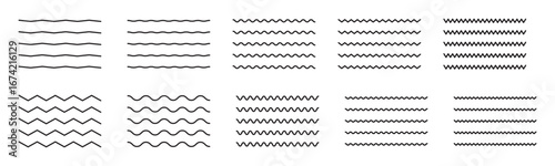 Set of wavy lines. Various horizontal wave lines isolated on white background. Collection of abstract underlines, wavy curve line for brushes. Geometric decoration element. Vector illustration