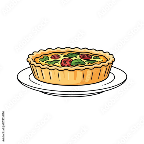 Hand drawn illustration of a spinach and tomato quiche on a white plate tart