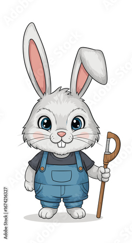 Cartoon bunny farmer stands with walking stick. Cute rabbit, farming, spring, agriculture, country life, animal character