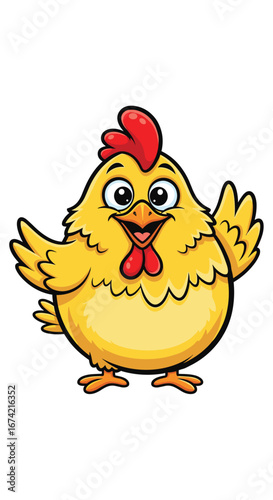 Cartoon chicken waves with a smile. Happy, cute bird illustration, animal, poultry, farm, comic, mascot, cheerful, funny