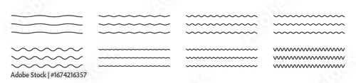 Wave line and wavy zigzag pattern lines. Vector black underlines, smooth end squiggly horizontal curvy squiggles.