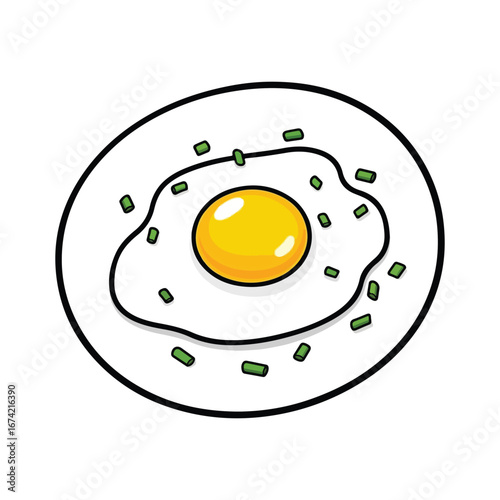 Cartoon fried egg with chopped green chives on a white plate breakfast food