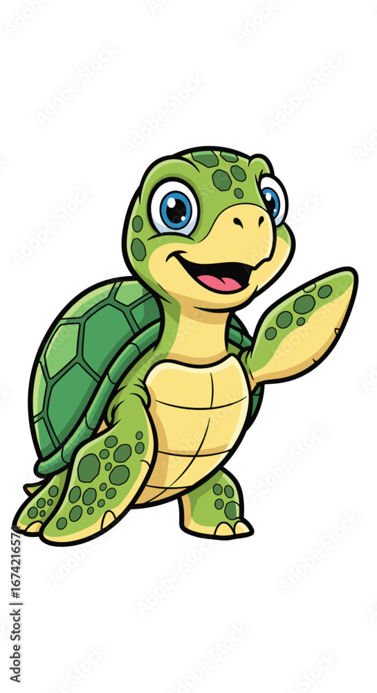 Fototapeta premium Cartoon turtle waves, happy and friendly. Animal character, marine life, cute, sea creature, illustration