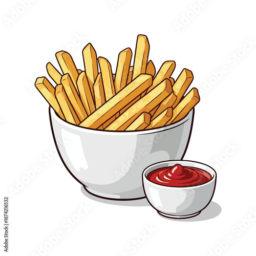 Golden french fries in a white bowl with a small dish of ketchup potato fast food