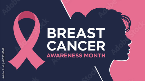 Vector art of pink ribbon and silhouette of a womans head for breast cancer awareness month