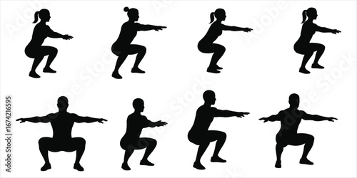 Silhouette Set of Men and Women Performing Squats exercise fitness