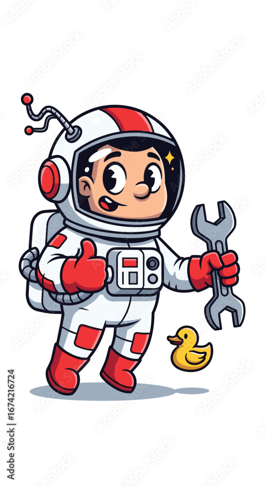 Obraz premium Astronaut kid gives thumbs up, holds wrench. Cartoon space repair, exploration, cute, cosmic, maintenance, childhood, fantasy.