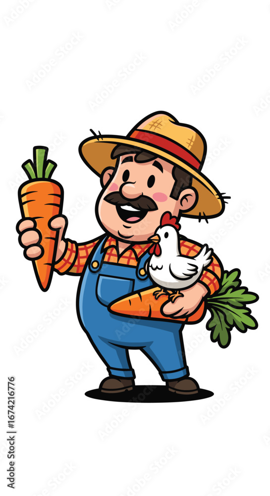Naklejka premium Cartoon farmer holds carrots and a chicken. Agriculture, farming, harvest, produce, livestock, rural life, cartoon, mascot.