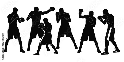 Silhouettes of Boxers in Fighting Stance and Action on White Background boxing fighters