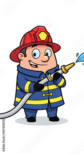 Cartoon firefighter sprays water. Safety hero, emergency response, fire fighting, public service, community helper, rescue team, hose