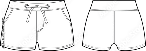 Flat vector illustration of women’s drawstring shorts with front pockets, technical fashion sketch showing front and back design view.